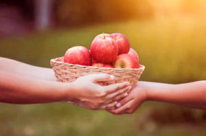 giving basket of fruit, apples, zakat, charity,give