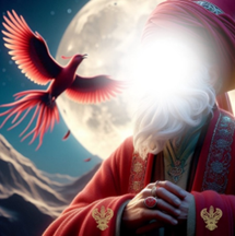 Man with glowing face looking at red bird in front of moonlight