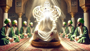 Man with glowing face surrounded by his students