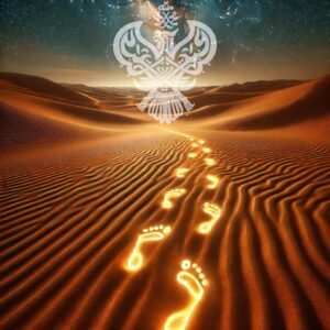Glowing footprints in desert sand