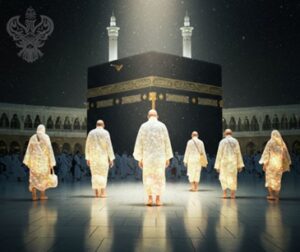 Glowing hujjaj walking towards holy Kabah