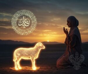 Glowing lamb standing in front of woman doing dua