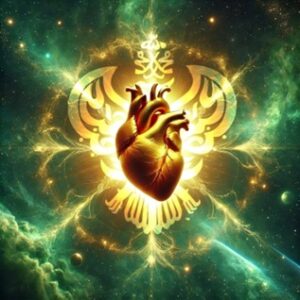 Glowing physical heart floating in blue green sky