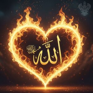 Flaming gold heart, Allah written on heart