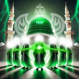 Enlightened men standing at green dome of Madina