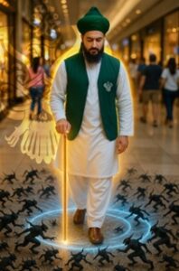 Man walking with grounding cane against demons