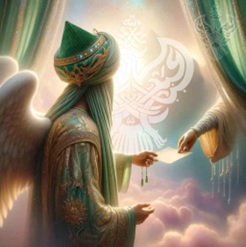 Hand receiving message behind veil from Sayyidina Jibreel (as)