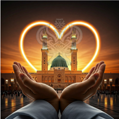 Hands cupping heart over the green dome of Madina