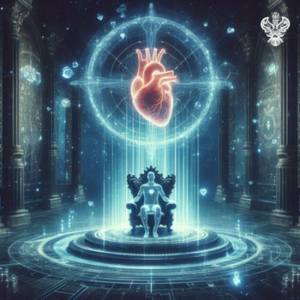 Heart above man sitting on throne