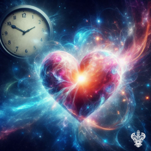 A heart and clock on a galaxy background