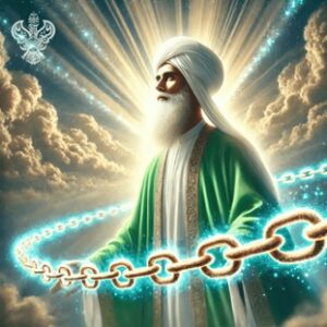 Heavenly man standing with glowing chain