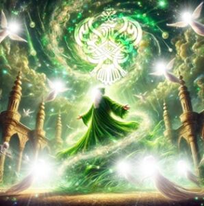 Heavenly man in powerful whirlwind surrounded by angels