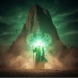 Heavenly man standing in front of mountain with dust