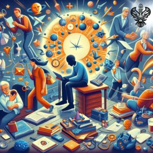 Man distracted and heedless surrounded by tasks and items