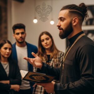 Hipster imam speaking to group