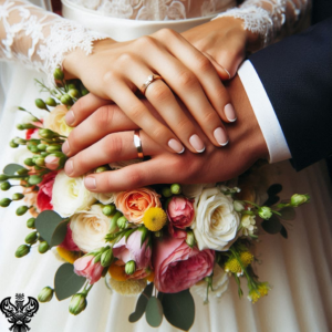 Husband and wife holding hands on wedding