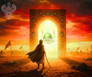 Imam Hussain (as)with a sword in one hand standing in front of a gate to Madina