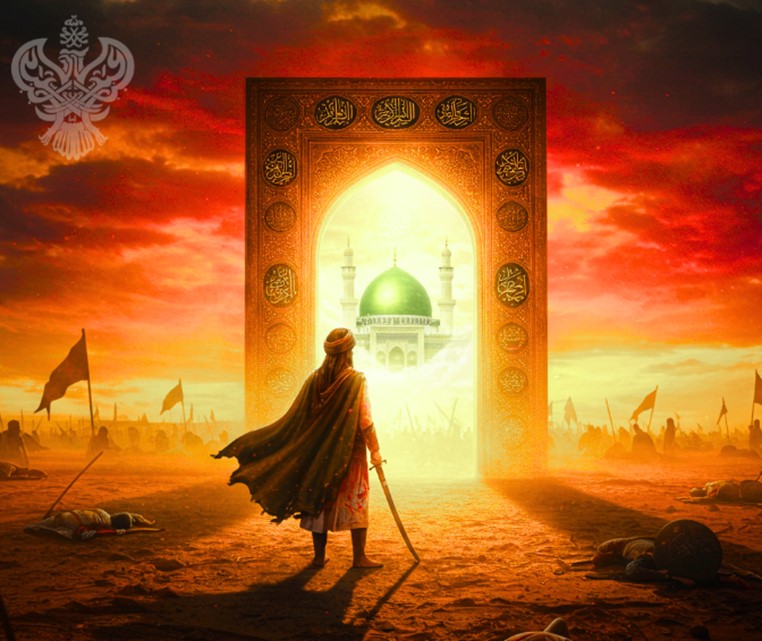 Imam Hussain (as)with a sword in one hand standing in front of a gate to Madina