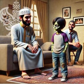 Zombie child looks indifferently at man