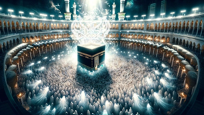 Holy Ka'bah surrounded by people and lights