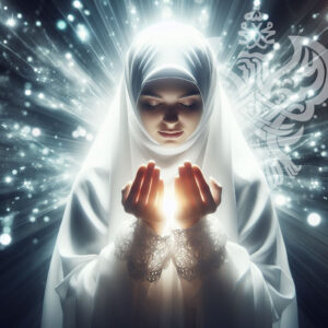 An angelic muslim woman's makes supplication with heavenly light