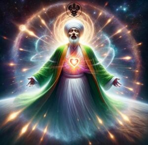 Shaykh with glowing heart and lightbeams of energy