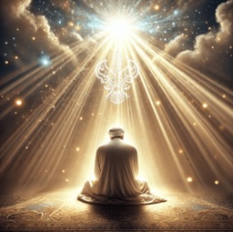 Divine lights emanating upon sitting man