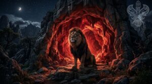 Lion guarding cave of red light