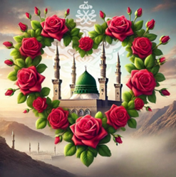 Green dome of Madina framed in heart of roses