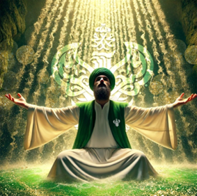 Man sits on grass with arms out and lightbeams coming down behind him