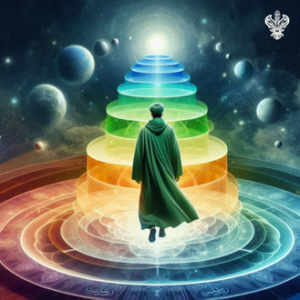 Man ascending on coloured steps towards light