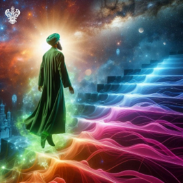 Man ascending multicoloured heavenly stairs