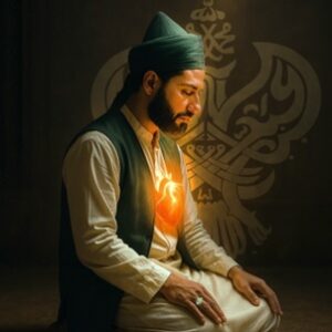 Man with closed eyes and glowing heart