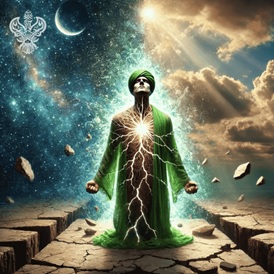 Man upon cracked rock with electric bolts within