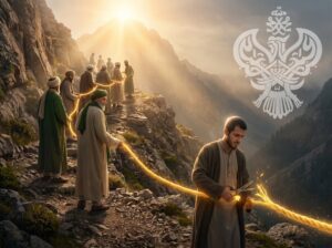 A man cuts a glowing golden rope connecting Sufi Shaykhs and seekers as they climb a mountain toward radiant light, symbolizing separation from spiritual companionship.