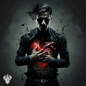 Man on dark background looking sad, holding contaminated heart