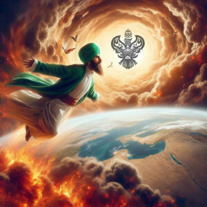 Man descending from heavens onto a fiery Earth
