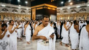 Man looking at phone during hajj