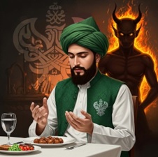 Man doing dua with demon standing behind