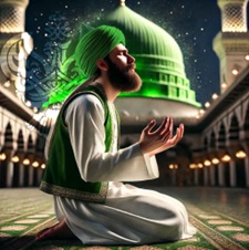 Man doing dua in front of green dome