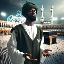 Man doing dua at hajj with Holy Ka'bah