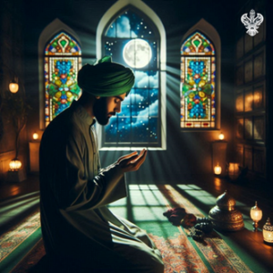 Man praying as moonlight shines through window