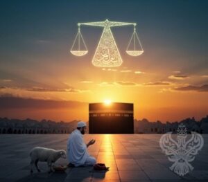 Man doing dua near holy Kabah below heavenly scales