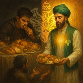 One man eating while another man gives food