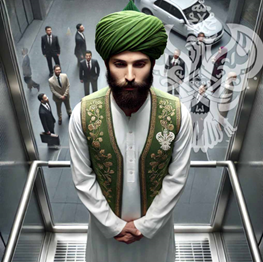 Man ascending over others in an elevator
