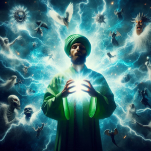 Enlightened man prays surrounded by demons