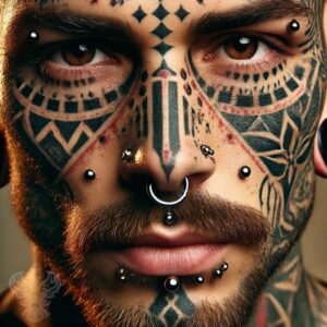 Man's face covered in tattoos and piercings