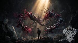 A lone person stands surrounded by a massive, constantly mutating viral organism as protective barriers crack around them, with golden light breaking through the darkness.