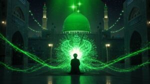 Man facing Madina Sharif with green lights