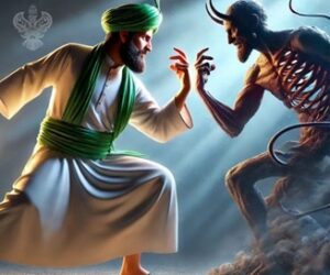 Man fighting demon, hands raised